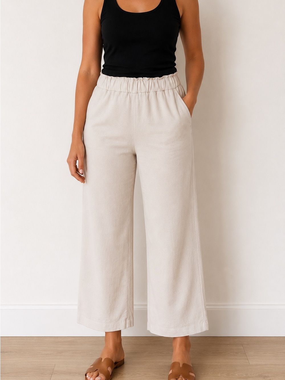 Wide-Leg Elastic Waist Pants in Light Beige